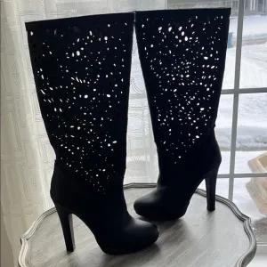 Colin Stuart leather Black Cutout Knee-High tall platform heeled Boots size 7
