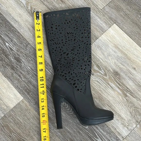 Colin Stuart leather Black Cutout Knee-High tall platform heeled Boots size 7