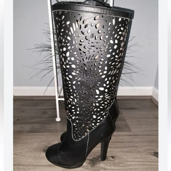 Colin Stuart leather Black Cutout Knee-High tall platform heeled Boots size 7