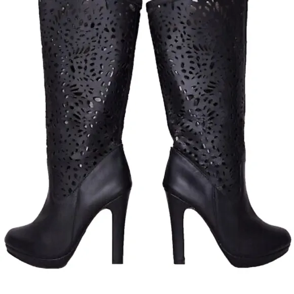 Colin Stuart leather Black Cutout Knee-High tall platform heeled Boots size 7
