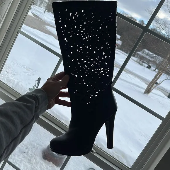 Colin Stuart leather Black Cutout Knee-High tall platform heeled Boots size 7