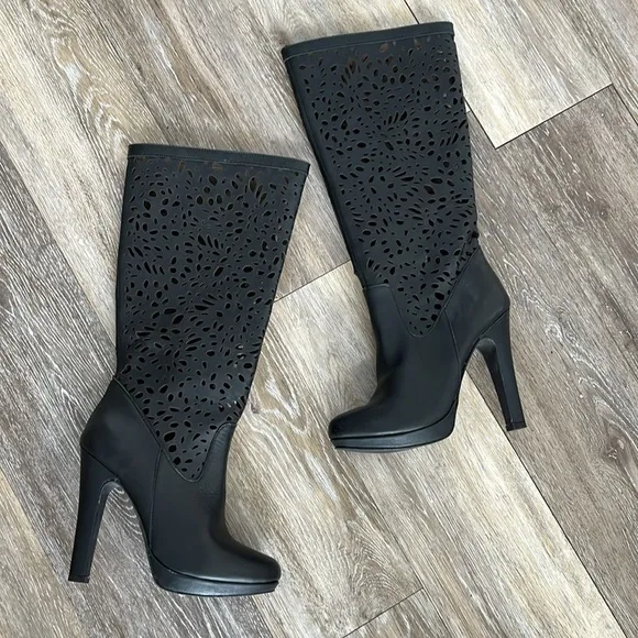 Colin Stuart leather Black Cutout Knee-High tall platform heeled Boots size 7