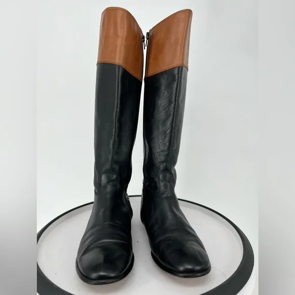 CORSO COMO BLK &amp; TAN LEATHER RIDING BOOTS STYLE, LOW HEEL AND INSIDE ZIPPER