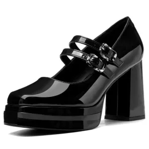Coutgo Women's Platform Mary Jane Pumps Two Strap Square Toe Chunky Block Heel