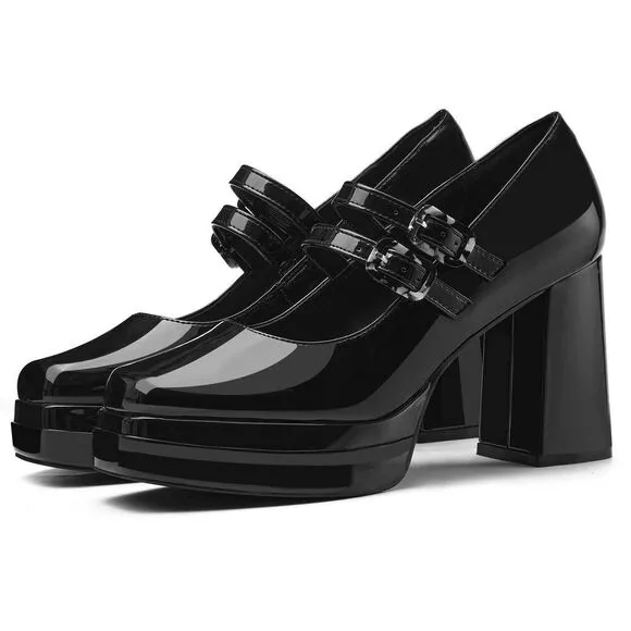Coutgo Women's Platform Mary Jane Pumps Two Strap Square Toe Chunky Block Heel