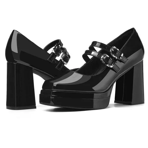 Coutgo Women's Platform Mary Jane Pumps Two Strap Square Toe Chunky Block Heel