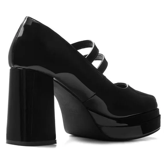 Coutgo Women's Platform Mary Jane Pumps Two Strap Square Toe Chunky Block Heel