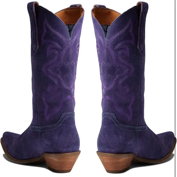 Cowgirl Boots Embroidered Mid Calf Western Stacked Low Heel Pointed Toe Pull On