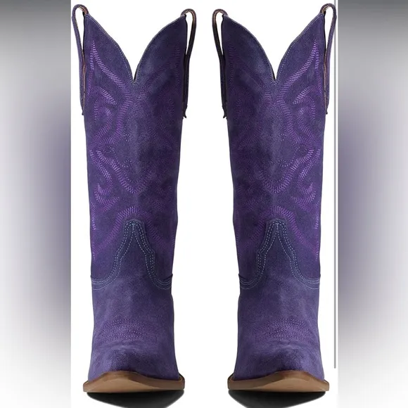 Cowgirl Boots Embroidered Mid Calf Western Stacked Low Heel Pointed Toe Pull On