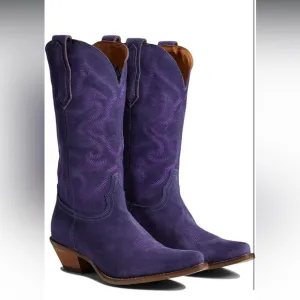 Cowgirl Boots Embroidered Mid Calf Western Stacked Low Heel Pointed Toe Pull On