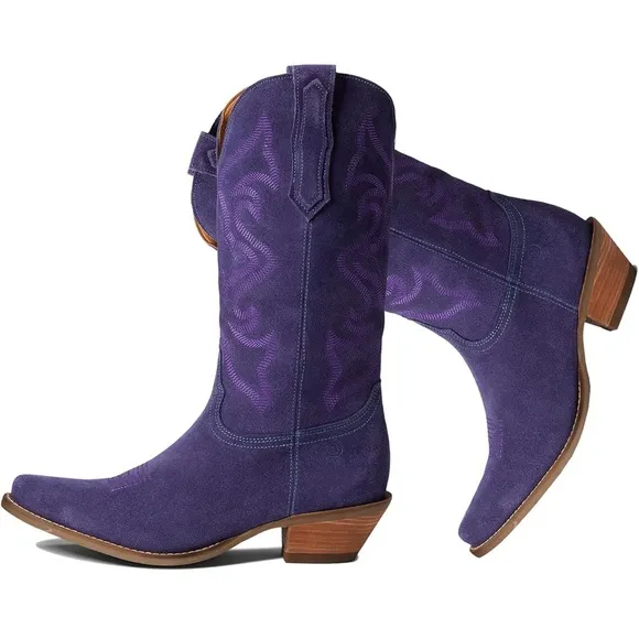 Cowgirl Boots Embroidered Mid Calf Western Stacked Low Heel Pointed Toe Pull On