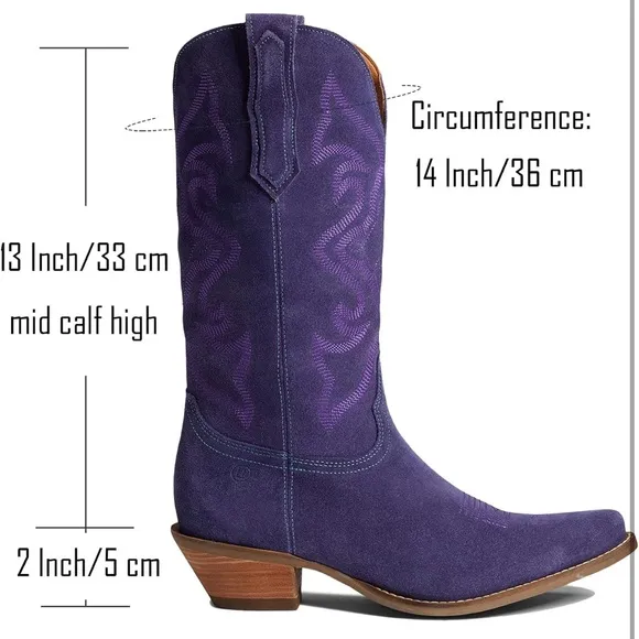 Cowgirl Boots Embroidered Mid Calf Western Stacked Low Heel Pointed Toe Pull On