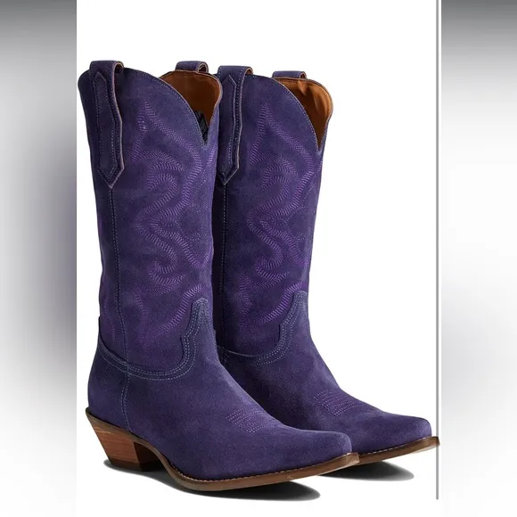 Cowgirl Boots Embroidered Mid Calf Western Stacked Low Heel Pointed Toe Pull On