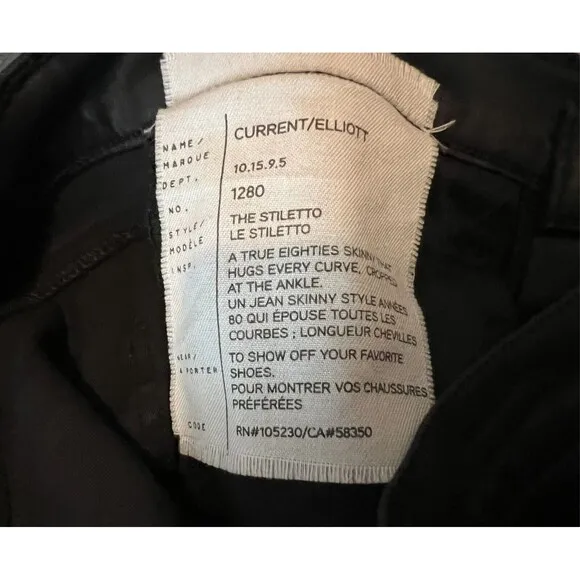 Current Elliott The Stiletto Jeans  Women's Size 27  Black Coated Denim