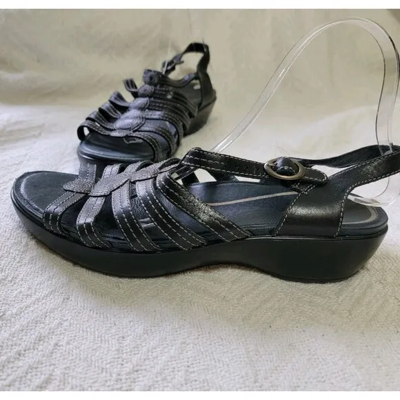Dansko Drea Wedge Platform Fisherman Black Leather Sandals SZ 9.5 10 EU 40