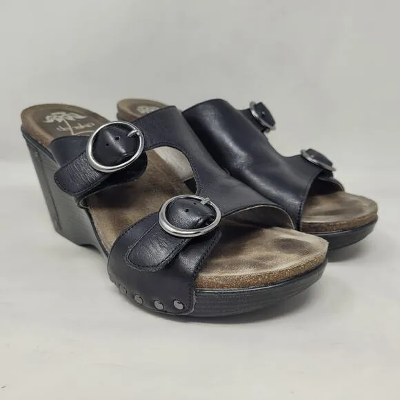 Dansko Sandals Womens EU41 US10.5 Black Leather Fern Wedge Sandals Buckles Studs