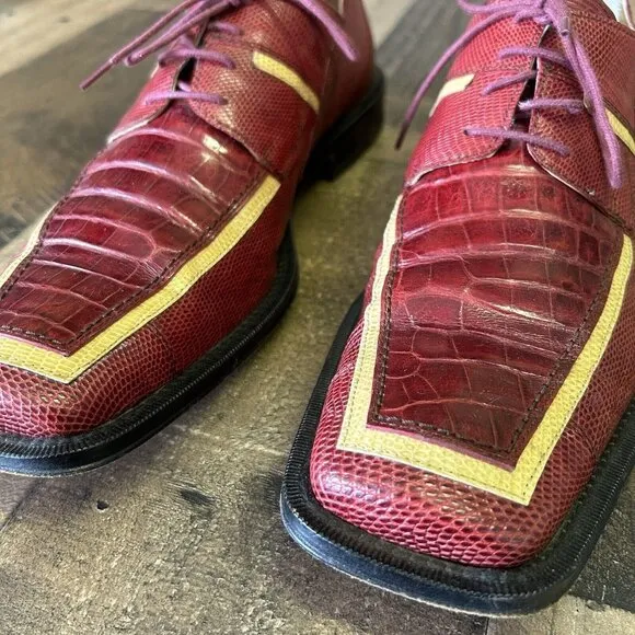 David Eden Crocodile Lizard Red Square Toe Oxford Dress Shoes Mens 9