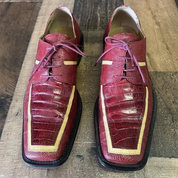 David Eden Crocodile Lizard Red Square Toe Oxford Dress Shoes Mens 9