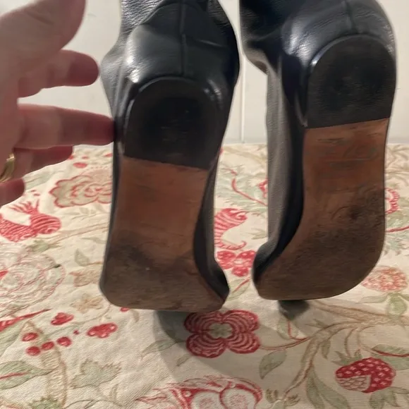 Delman Black Pebbled Leather Silver Grommets Suede Over The Knee Low Heel Boots