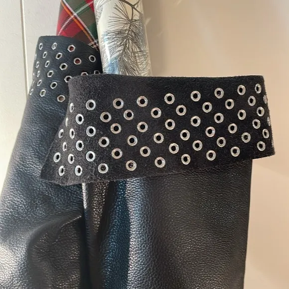 Delman Black Pebbled Leather Silver Grommets Suede Over The Knee Low Heel Boots