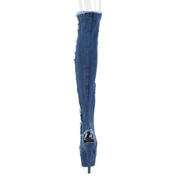 Denim Platform Heel Thigh High Boots