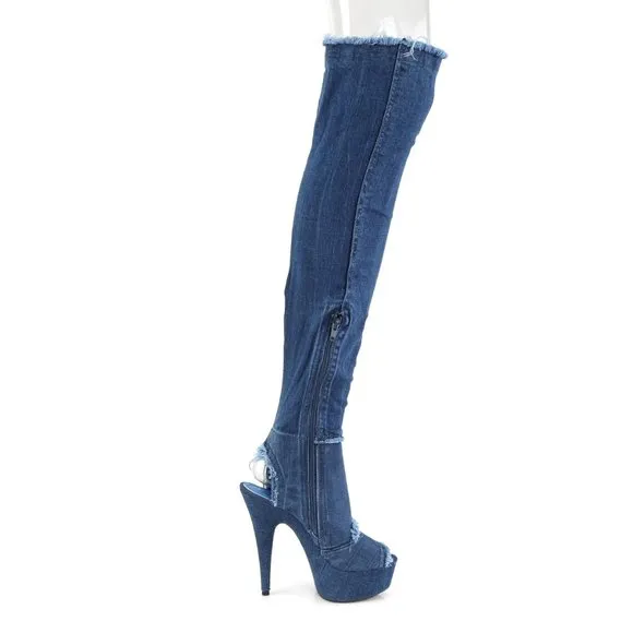 Denim Platform Heel Thigh High Boots