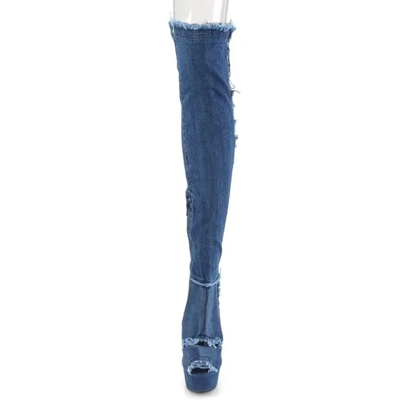 Denim Platform Heel Thigh High Boots
