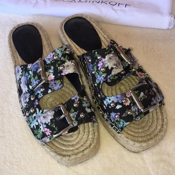 DESIGNER REBECCA MINKOFF FLORAL JODI RAFFIA PLATFORM ESPADRILLE  SLIDES SIZE 7.5