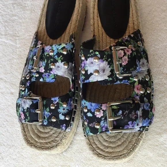 DESIGNER REBECCA MINKOFF FLORAL JODI RAFFIA PLATFORM ESPADRILLE  SLIDES SIZE 7.5