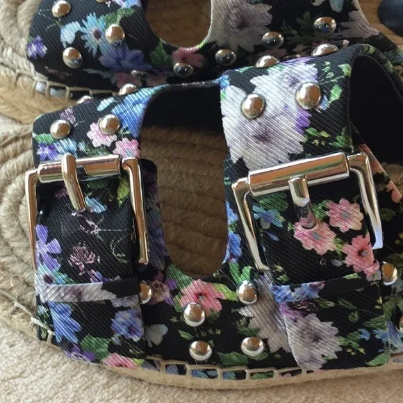 DESIGNER REBECCA MINKOFF FLORAL JODI RAFFIA PLATFORM ESPADRILLE  SLIDES SIZE 7.5
