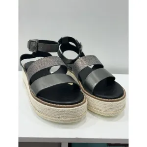 Diba True Day Line 8 Espadrille Black Gunmetal Leather Platform Espadrille NIB