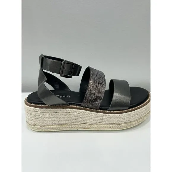 Diba True Day Line 8 Espadrille Black Gunmetal Leather Platform Espadrille NIB