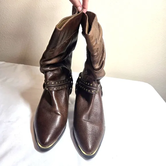 Dingo Emma Western Studded Harness Slouch Boots Chocolate Brown Size 8.5