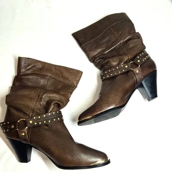 Dingo Emma Western Studded Harness Slouch Boots Chocolate Brown Size 8.5