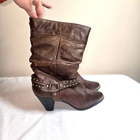Dingo Emma Western Studded Harness Slouch Boots Chocolate Brown Size 8.5
