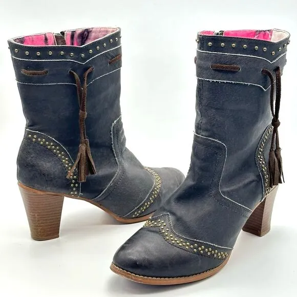 Dingo Leather Boots Studded Grey Tassel Zip Up Country Western Women's Size 10
