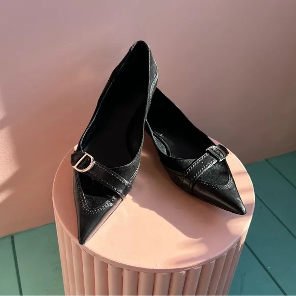 DIOR Leather Signature D Pointed Toe Ballet Flats in Black Size 40