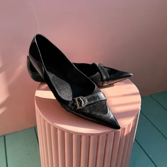 DIOR Leather Signature D Pointed Toe Ballet Flats in Black Size 40