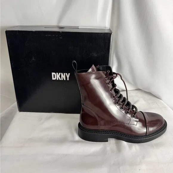 DKNY Brown‎ and Black Leather Boots with Lace-Up Design