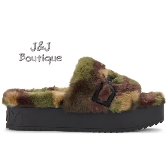 DKNY Fur Platform Slide Sandals