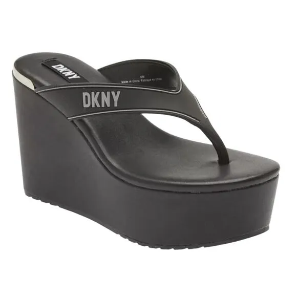 DKNY Women's Trina Platform Wedge Thong Sandals Black Size 7