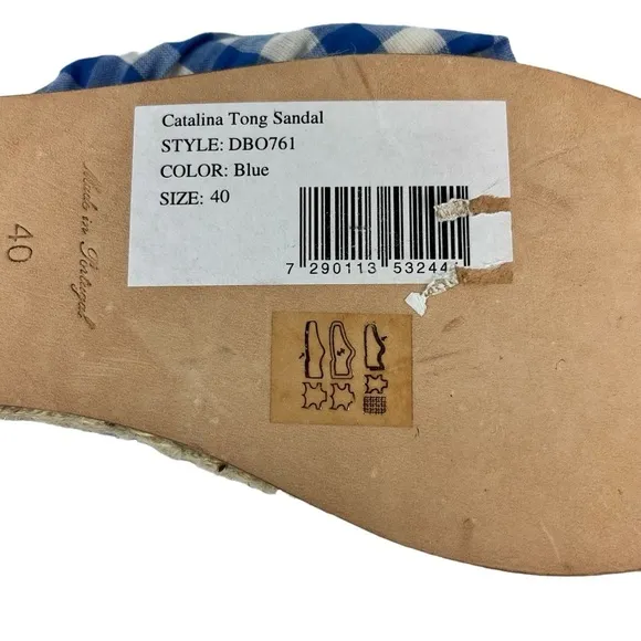 Dodo Bar Or Catalina Gingham Espadrille Thong Sandals Blue White Check size 40