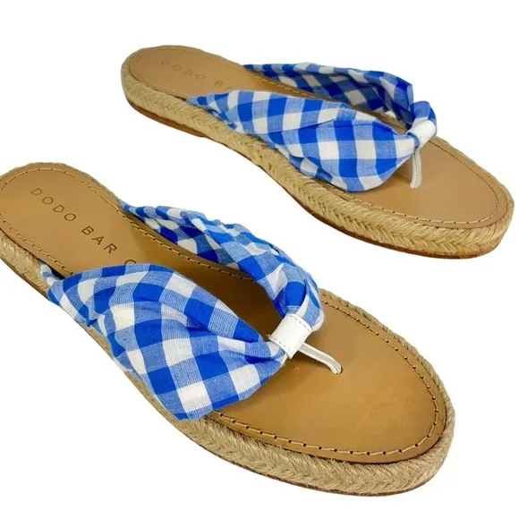 Dodo Bar Or Catalina Gingham Espadrille Thong Sandals Blue White Check size 40