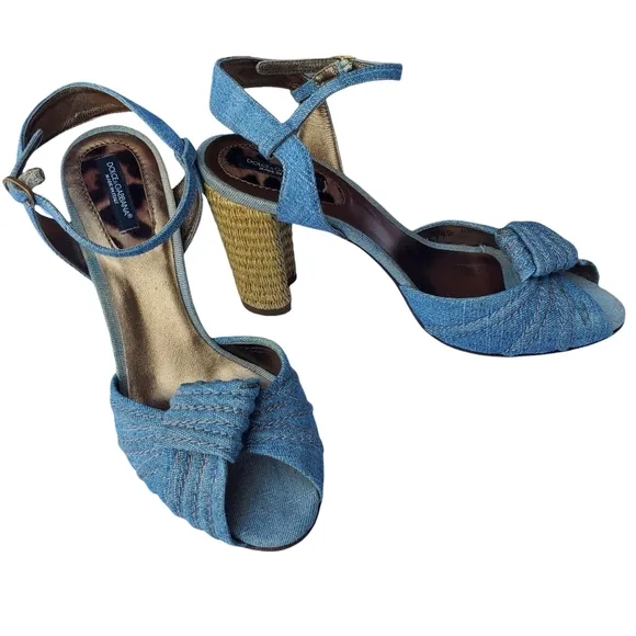 Dolce &amp; Gabbana Blue Denim Espadrille Style Peep Toe Heel Sandals w/Ankle Strap