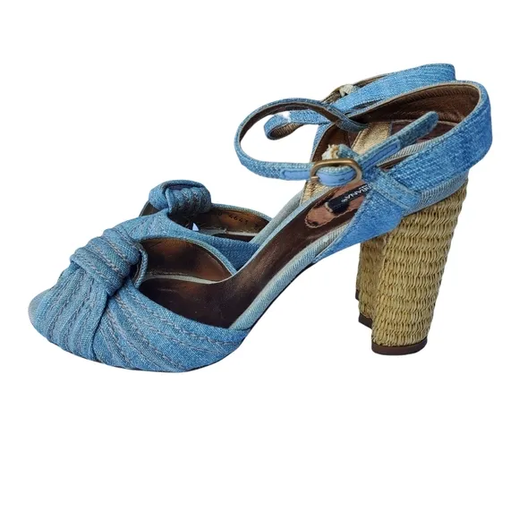 Dolce &amp; Gabbana Blue Denim Espadrille Style Peep Toe Heel Sandals w/Ankle Strap