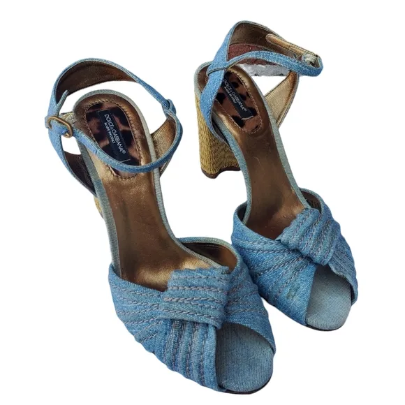 Dolce &amp; Gabbana Blue Denim Espadrille Style Peep Toe Heel Sandals w/Ankle Strap