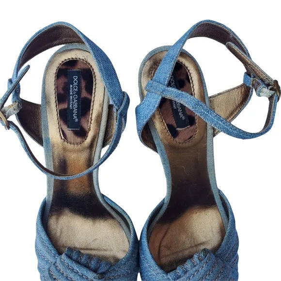Dolce &amp; Gabbana Blue Denim Espadrille Style Peep Toe Heel Sandals w/Ankle Strap