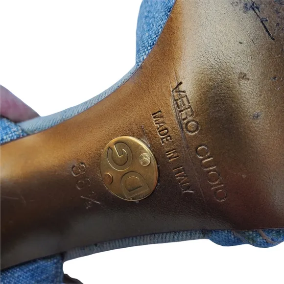 Dolce &amp; Gabbana Blue Denim Espadrille Style Peep Toe Heel Sandals w/Ankle Strap