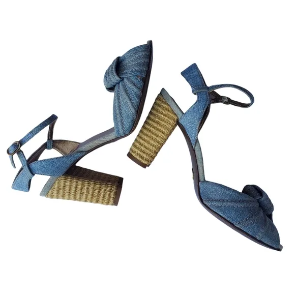 Dolce &amp; Gabbana Blue Denim Espadrille Style Peep Toe Heel Sandals w/Ankle Strap