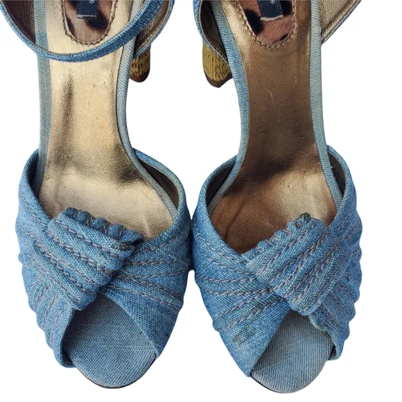 Dolce &amp; Gabbana Blue Denim Espadrille Style Peep Toe Heel Sandals w/Ankle Strap